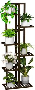 Brown 6 tier bamboo plant stand holding potted plants on staggered shelves