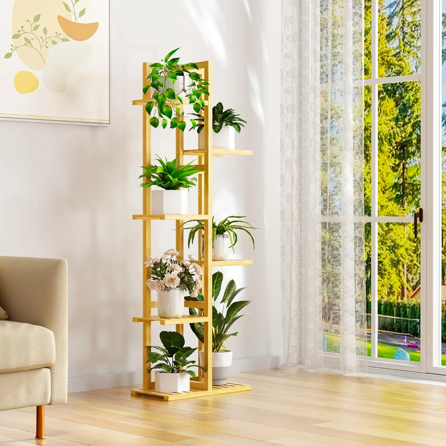 Natural plant stand by a tall window filled with potted plants
