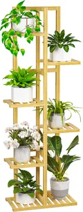 Natural 6 tier bamboo plant stand holding potted plants on staggered shelves