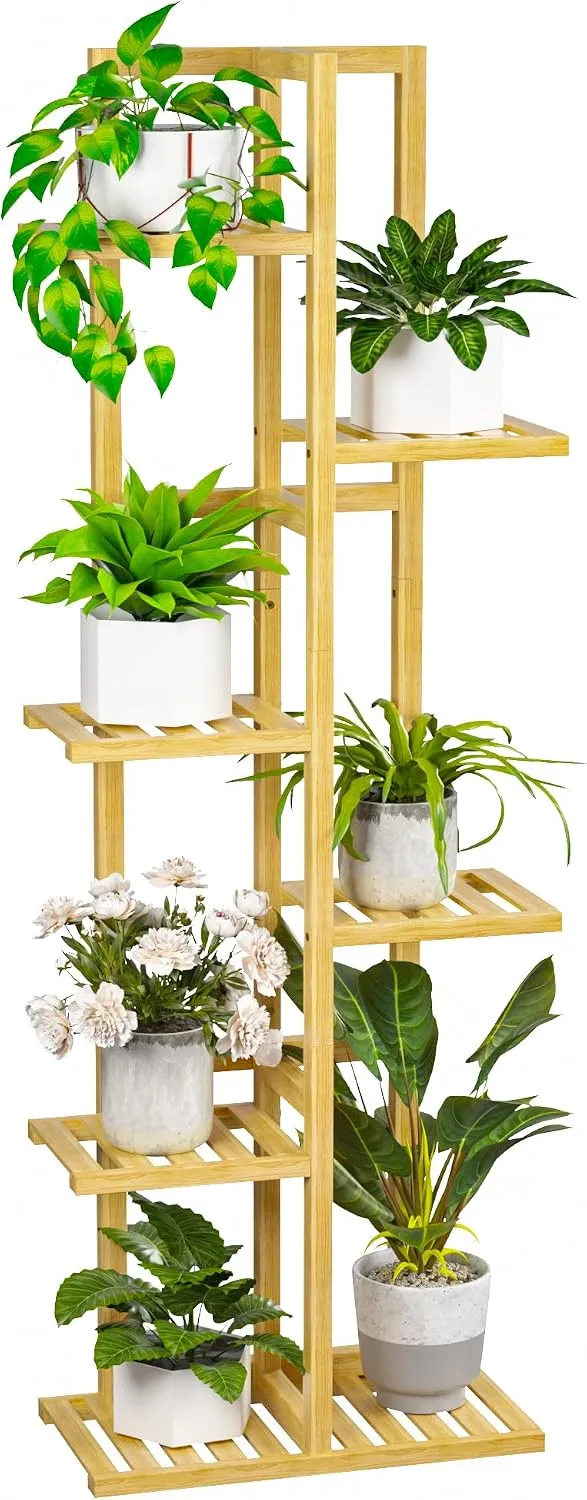 Natural 6 tier bamboo plant stand holding potted plants on staggered shelves