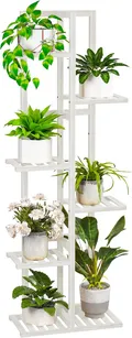 White 6 tier bamboo plant stand holding potted plants on staggered shelves