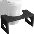 Black folding bamboo toilet stool with a curved front and round cut-outs in its legs