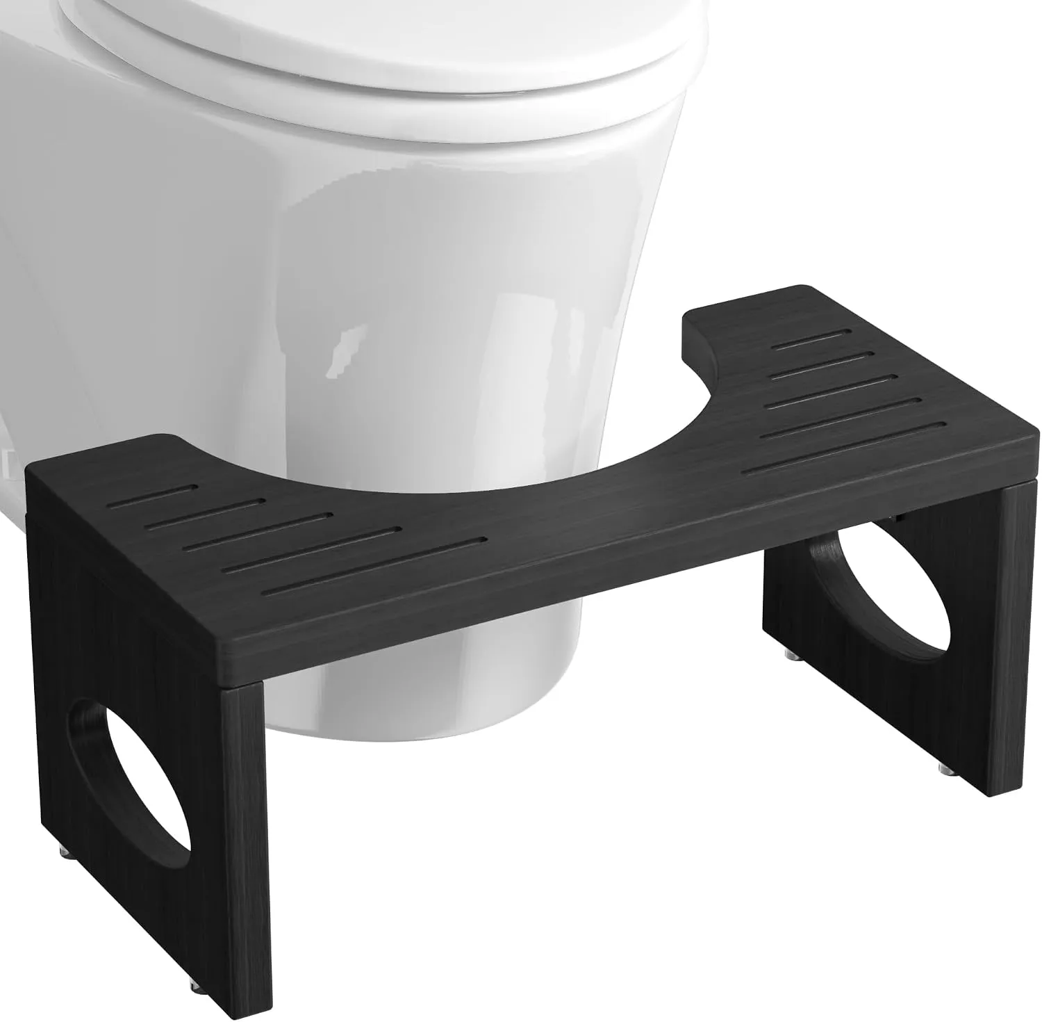 Black folding bamboo toilet stool with a curved front and round cut-outs in its legs