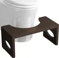 Brown folding bamboo toilet stool with a curved front and round cut-outs in its legs