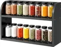 Black 2 tier bamboo spice rack filled with rows of spice jars