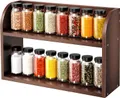 Brown 2 tier bamboo spice rack filled with rows of spice jars