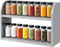 Grey 2 tier bamboo spice rack filled with rows of spice jars