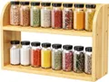 Natural 2 tier bamboo spice rack filled with rows of spice jars