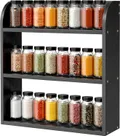 Black 3 tier bamboo spice rack filled with rows of spice jars