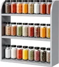 Grey 3 tier bamboo spice rack filled with rows of spice jars