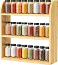Natural 3 tier bamboo spice rack filled with rows of spice jars
