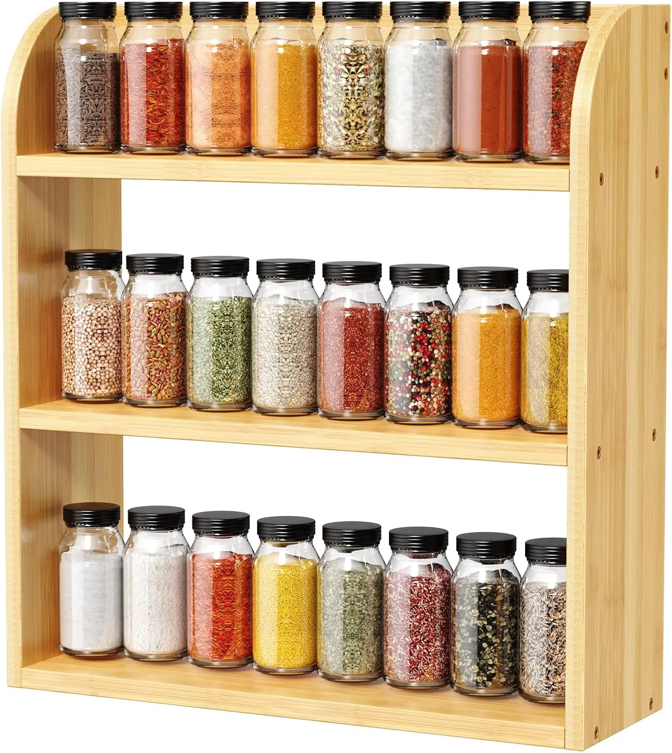 Natural 3 tier bamboo spice rack filled with rows of spice jars