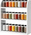White 3 tier bamboo spice rack filled with rows of spice jars