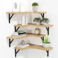 Four natural corner shelves on black metal brackets, styled with plants, books, a clock and vases