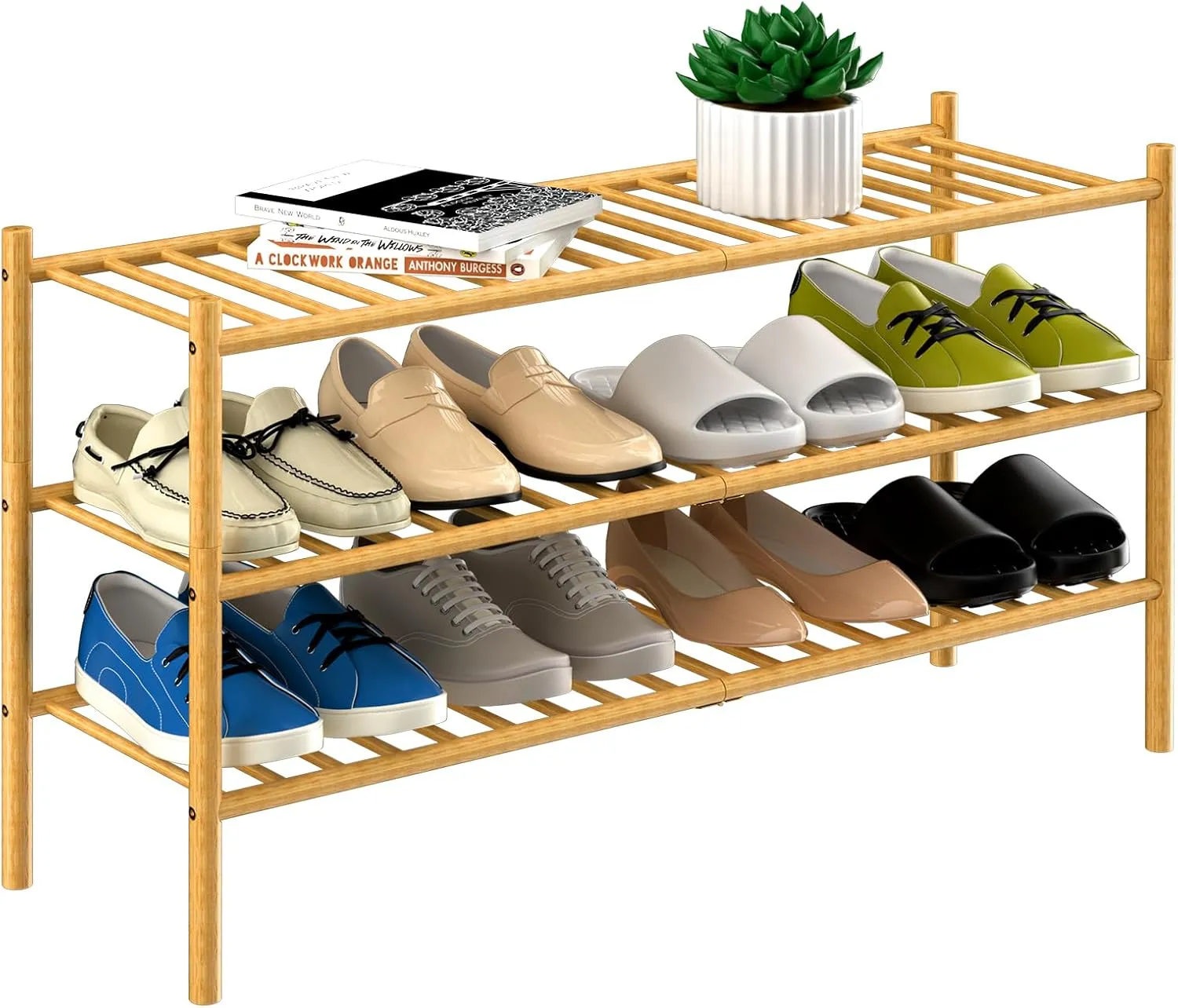 Natural 3 tier long bamboo shoe rack with two rows of shoes and a plant on top