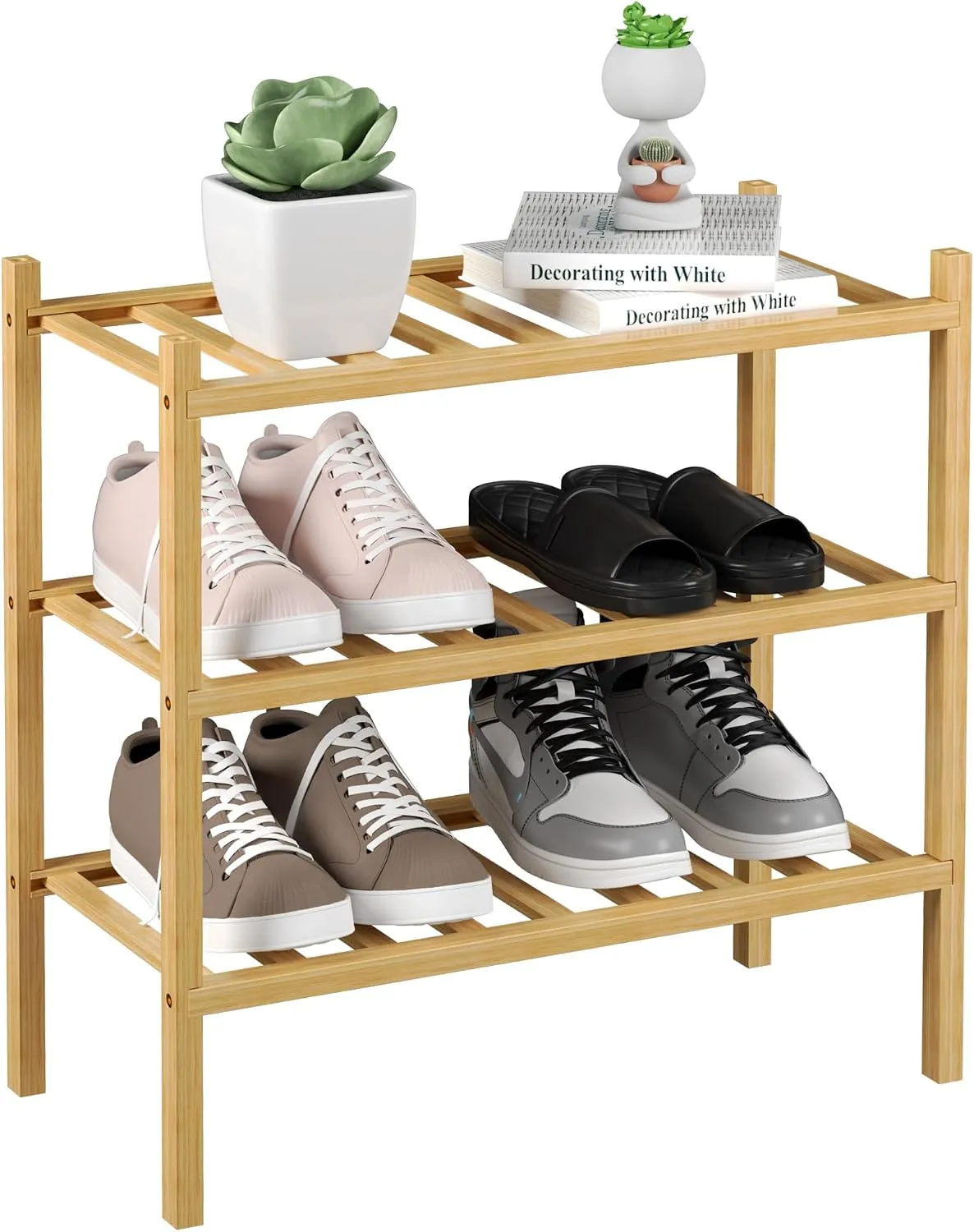 Natural 3 tier small bamboo shoe rack with sneakers on each shelf and a plant on top