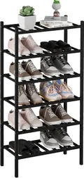 Black 6 tier small bamboo shoe rack with a pair of shoes on each shelf