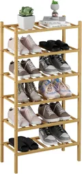 Natural 6 tier small bamboo shoe rack with a pair of shoes on each shelf