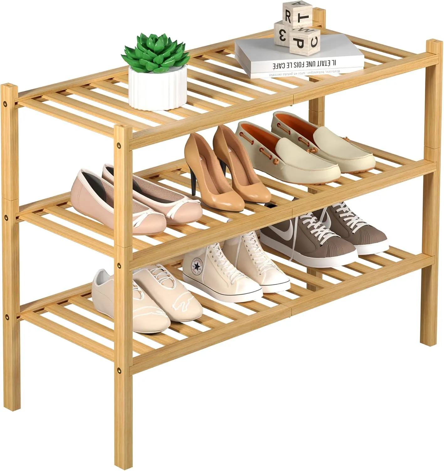 Natural 3 tier bamboo shoe rack with heels, flats and sneakers on its shelves and a small plant on top
