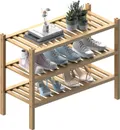 Natural 3 tier thick bamboo shoe rack with sneakers and sandals on the lower shelves and plants on top