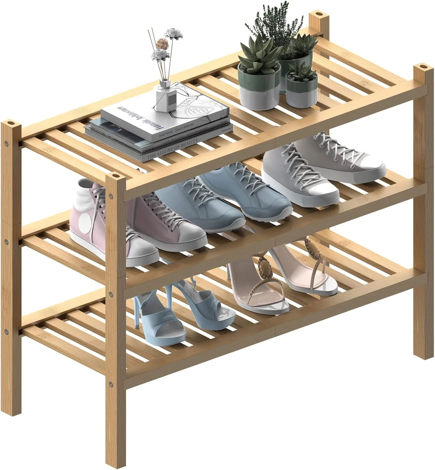 Natural 3 tier thick bamboo shoe rack with sneakers and sandals on the lower shelves and plants on top