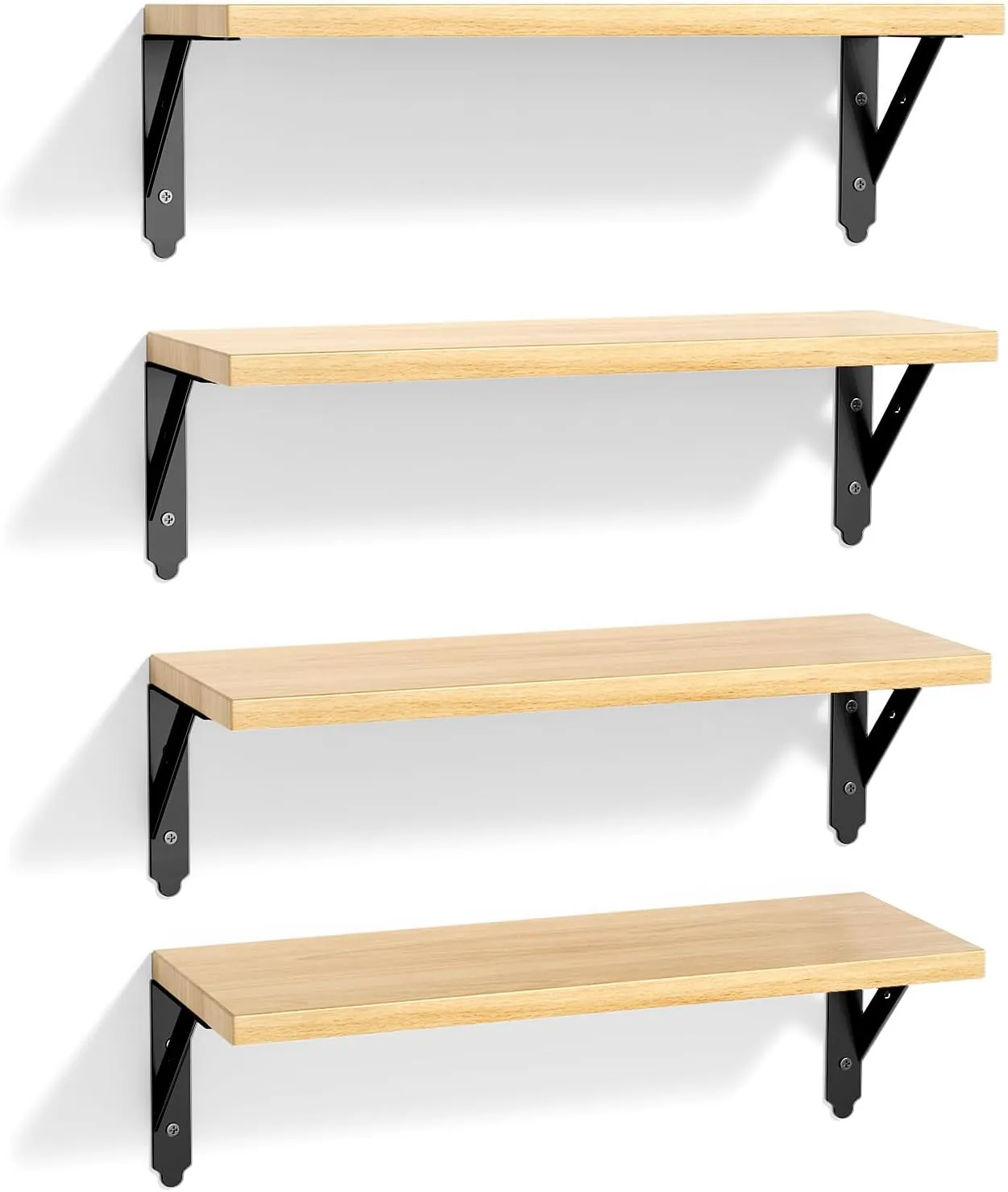 Set of four natural 17 inch wall shelves on black metal brackets