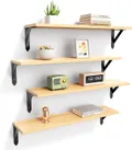 Four natural 23.6 inch wall shelves on black brackets holding a plant, a clock, a radio and books